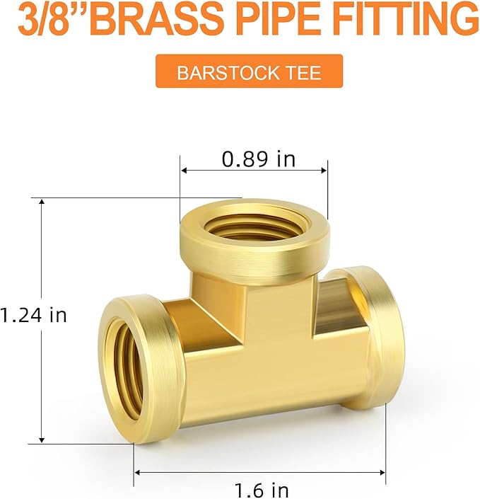 GASHER 8Pcs Brass Tee Fitting, 3/8" x 3/8" x 3/8" NPT Female Pipe Fittings