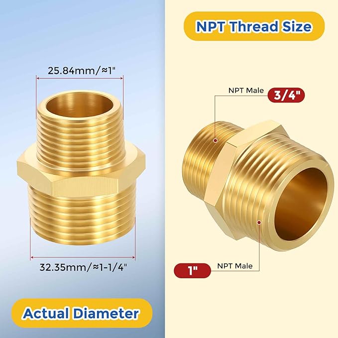 2 Pack Brass Pipe Fittings, 1" NPT Male to 3/4" NPT Male Brass Hex Nipple, Male Pipe Adapter Reducer for Air, Oil, LP