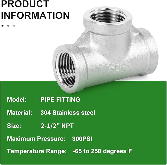 TAISHER 1PCS 304 Stainless Steel Tee Pipe Fittings, 2-1/2" x 2-1/2" x 2-1/2" NPT Female Pipe Fittings