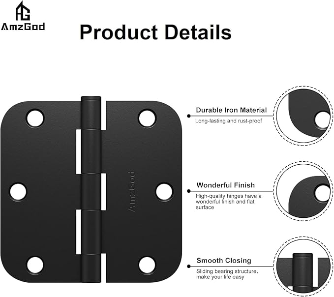 Door Hinges Matte Black - 54 Pack Black Door Hinges 3.5 Inch Rounded Interior Door Hinge with 5/8" Radius Corners - Black Hinges for Doors 3 1/2 Inches Flat Iron Residential Door Hardware