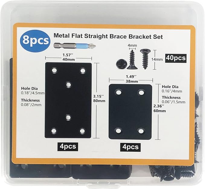 QSJ 8 Pack Black Flat Mending Plate 3.15x1.57‘’ & 2.36x1.49'', Stainless Steel Bracket, Straight Metal Brace Bracket, Fixing Joining Plate for Wood Furniture Fastening & Fixing