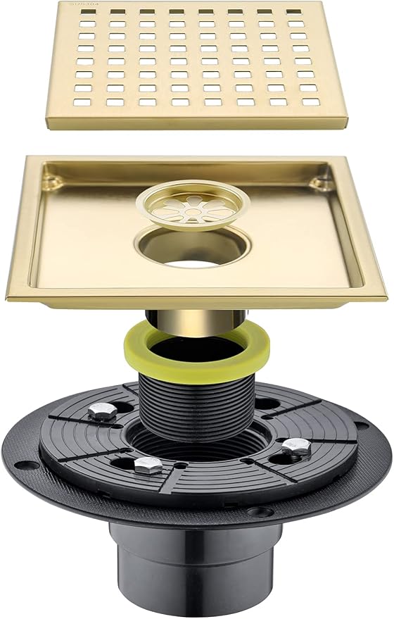 Shower Drain 6 Inch Brushed Gold,Stainless Square Shower Floor Drain Kit with Tile Insert Grate Removable Multipurpose Invisible Look or Flat Cover, with Threaded Adapter