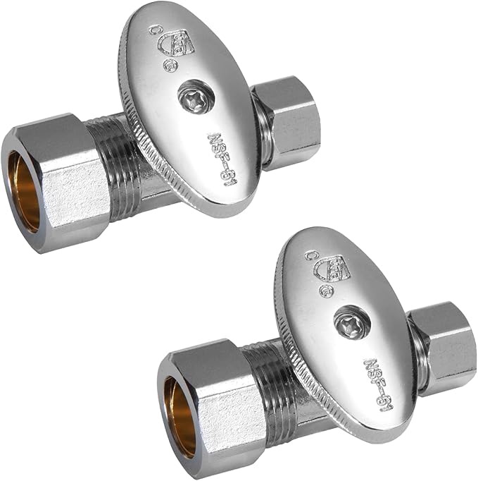 2-Pack Foskan 1/4 Turn Compression Straight Shut off Valve,Straight Stop Valve 1/2" NOM (5/8" OD) x 3/8" OD,Chrome Plated Brass