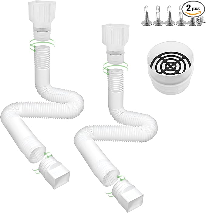 2 Pack Gutter Downspout Extensions 138" with Filter, Corrugated Flexible Gutter Pipe, Rain Diverter, Down Spout Drain Extension, Extendable from 31.5" to 138", Screws for Included, White