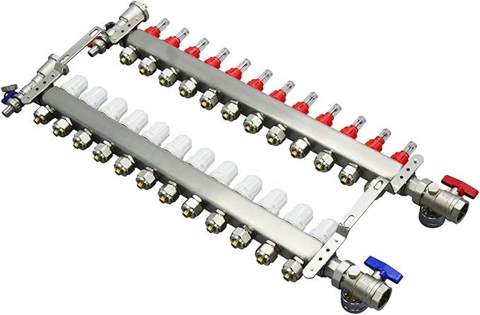 12 Branch PEX Radiant Floor Heating Manifold Set Floor Heating Water Distributor 1/2" Pipe Adapter 304 Stainless Steel and Brass, for Heating Systems