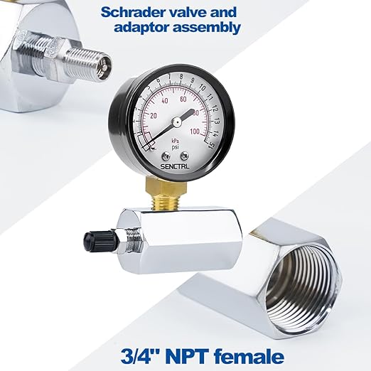 SENCTRL 0-15 Psi Gas Pressure Test Gauge, 2" Dial Size, 3/4" FNPT Connection, Brass Valve, Chrome Plated Steel Body Assembly