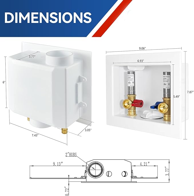 Washing Machine Outlet Box with Stainless Steel Water Hammer Arrestor,1/2 Inch PEX Inlet x 3/4 Inch MHT Outlet Connection Laundry Outlet Boxes,Washer Plumbing Box with Center Drain(WM007)