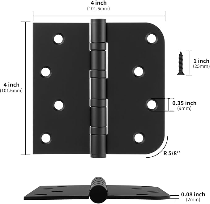 Door Hinges Black 3 Pack 4 x 4 Inches Ball Bearing Door Hinge Heavy Duty Stainless Steel Hinges for Interior & Exterior Doors Square & Round Corners