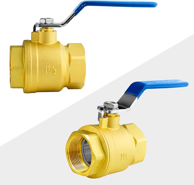 WiseWater 1.5" Full Port Brass Ball Valve - 1-1/2 Inch Female Threaded NPT With 1/4 Turn Blue Handle, 600 WOG, Plumbing Fitting, UPC Certified, 1 Pc
