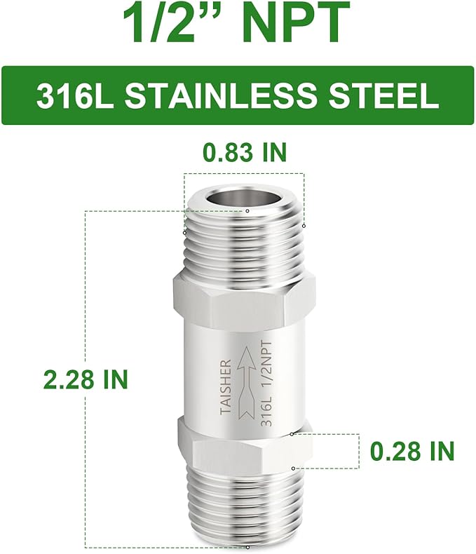 TAISHER 1PCS 316L Stainless Steel 1/2" NPT Male Check Valve,Backflow Prevention,One Way Non-Return Check Valves