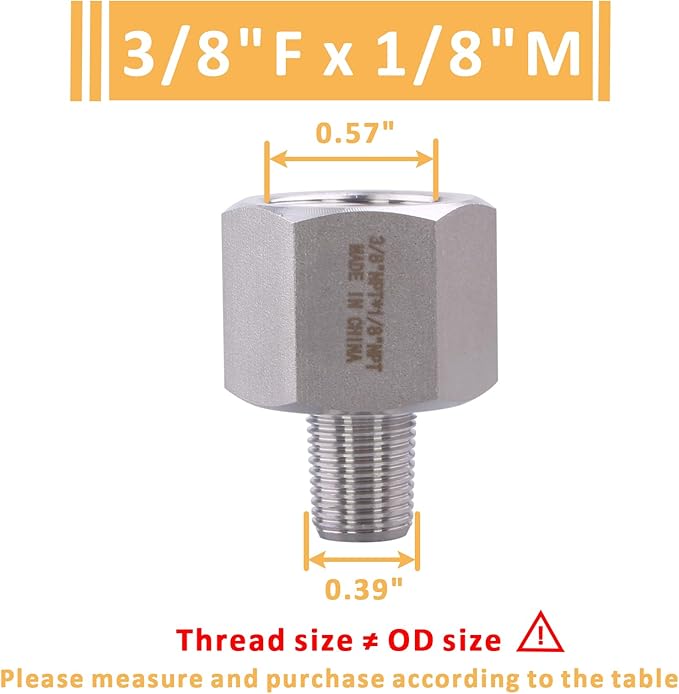 Forged Reducer Adapter Fitting - Stainless Steel 304 Reducing Pipe Connector, 3/8" NPT Female x 1/8" NPT Male (pack of 5)