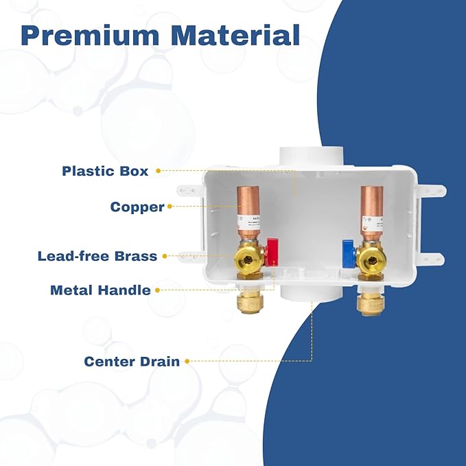 50-PACK GUOFIS Washing Machine Outlet Box with Center Drain,PEX Laundry Washer Box with Copper Water Hammer Arrestor (1/2"Push-fit Connection Inlet X 3/4"MHT Outlet)