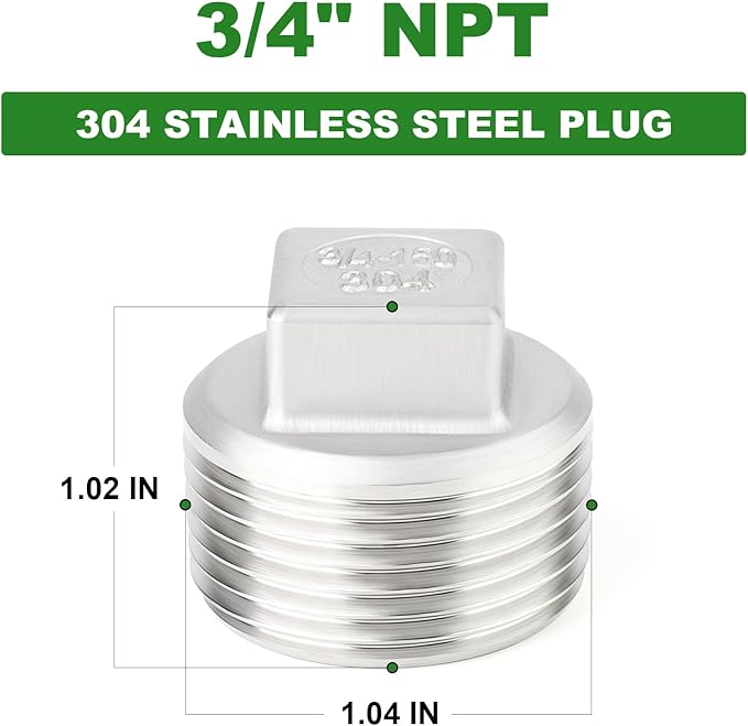 TAISHER 5PCS 304 Stainless Steel Outer Square Thread Socket Pipe Plug Fitting 3/4" NPT Male