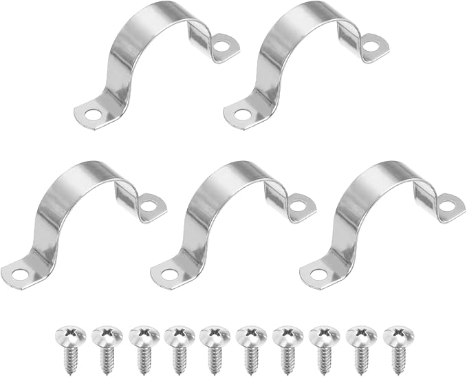 uxcell 5Pcs 45mm(1-3/4") Two Hole Rigid Pipe Strap, 304 Stainless Steel Conduit Clamp Thicken U Bracket Heavy Duty Pipe Clamp with Self-Tapping Screws for Fixing Tube Cable, Silver