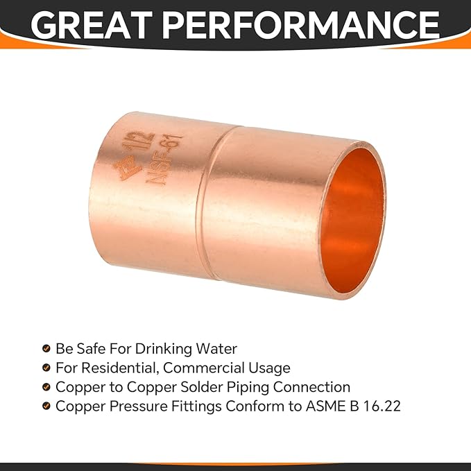 50-Pack HeSun Copper Fittings, 1/2-Inch Copper Coupling with Rolled Stop, C x C with Sweat Solder Connection(COPPER001)