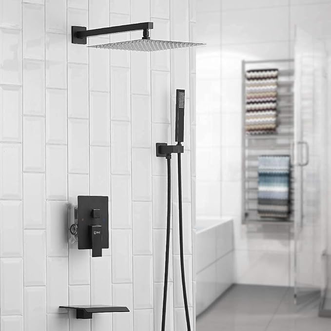 BWE 10 Inch Black Shower System Faucet Waterfall Tub Complete with Matte Spout Set Square Luxury Rain Mixer Pressure Balancing 3-Function Wall Mount Rainfall Rough-in Valve Body and Trim Included