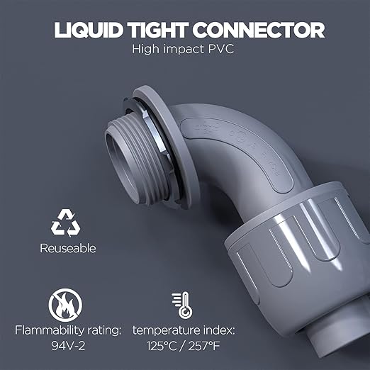 1/2-Inch Liquid Tight Conduit Connectors, NPT Non-Metallic Connector for PVC Electrical Flexible Conduit Fittings, 90-Degree, for Home Outdoor Tubes Tools, UL Listed, Grey, 14-Pack