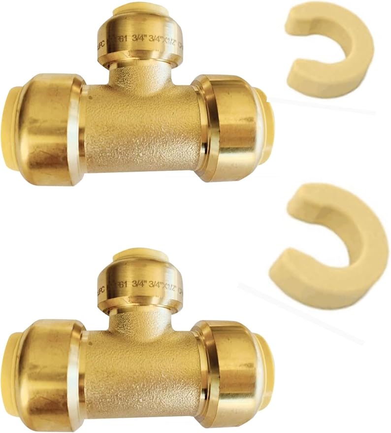 (Pack of 2) EFIELD 3/4"x 3/4" x1/2" Tee Push-Fit Fittings to Connect Pex, Copper, CPVC With 2 Sizes Disconnect Clip, cUPC Certified,(PF127-2PCS)