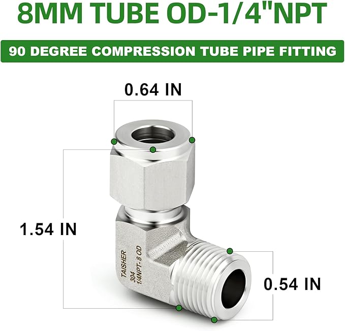 TAISHER 1PCS 304 Stainless Steel 90 Degree Compression Tube Pipe Fitting Connector, 8MM Tube OD x 1/4" NPT Male Adapter