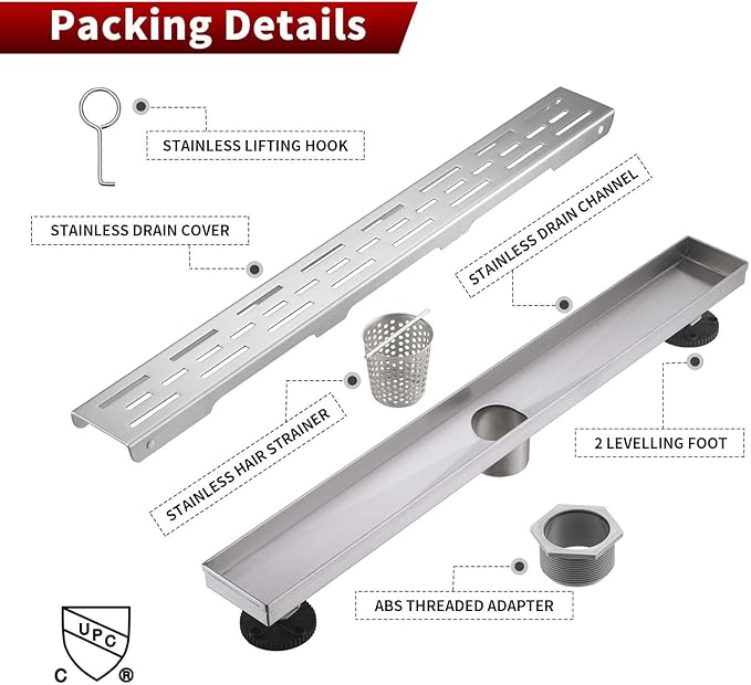 Sharp-tec Linear Shower Drain, 36 inch Shower Drain with Removable Pattern Cover, Brushed Nickel 304 Stainless Steel Rectangle Floor Drain, Adjustable Feet and Hair Strainer Included (Model 101)