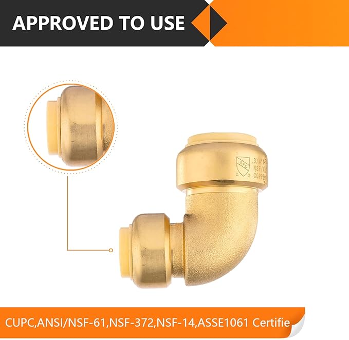 50-Pack HeSun Pushfit 90 Degree Elbow, 3/4"x1/2" Push to Connect Plumbing Fittings with Disconnect Clips, Brass Push-fit Fittings for PEX, Copper, CPVC, PE-RT Pipes(PF052-50)