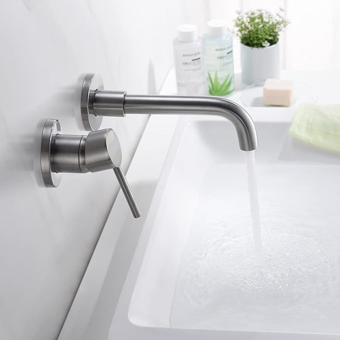 sumerain Wall Mounted Brushed Nickel Bathroom Sink Faucet Lavatory Faucet Left-Handed Design