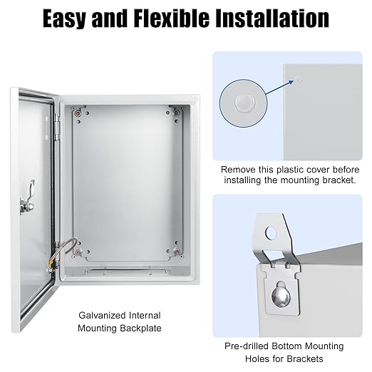 LeMotech Electrical Box 16 x 12 x 8 inch Steel Enclosure, IP66 Waterproof Dustproof Junction Box Wall-Mounted for Outdoor/Indoor Lockable with Equipment Mounting Plate