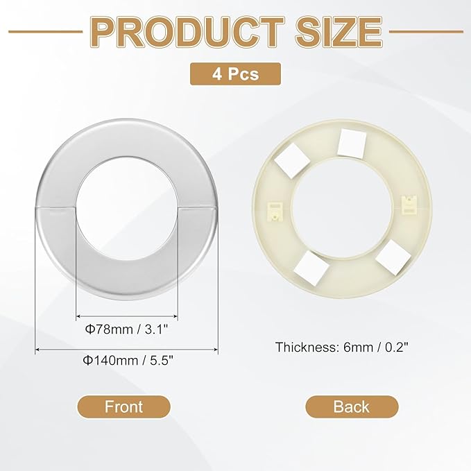 PATIKIL Wall Split Flange 140mm / 5.5" OD, 4 Pcs Round Escutcheon Plate Cover PPR Plumbing Cover Plates with Self-Adhesive Tape for 78mm / 3.1" Dia Water Pipe Faucet, Silver