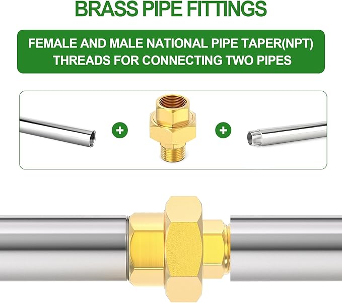 TAISHER 2PCS Brass Union，3/8" NPT Male x 3/8" NPT Female Brass Pipe Fitting