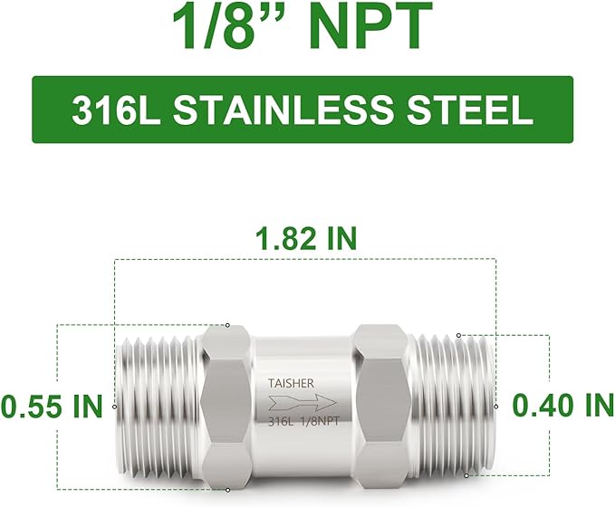TAISHER 1PCS 316L Stainless Steel 1/8" NPT Male Check Valve,Backflow Prevention,One Way Non-Return Check Valves