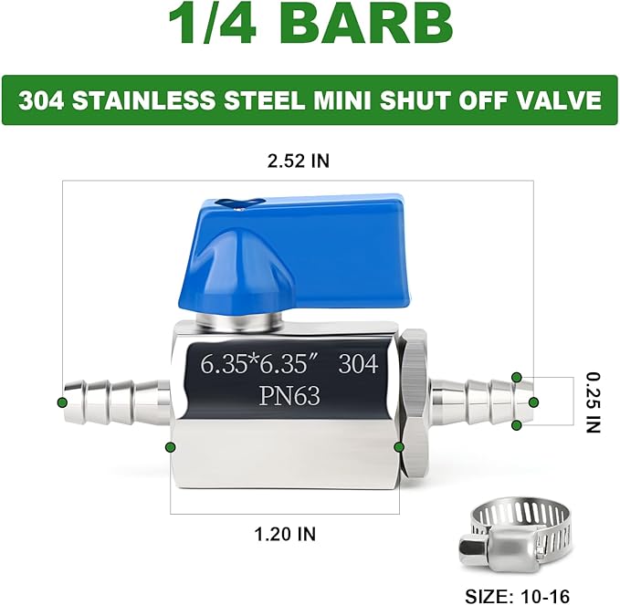 TAISHER 2PCS 304 Stainless Steel 1/4" Mini Ball Valve Shut Off Switch, 1/4” Hose Barb with 4PCS Hose Clamps