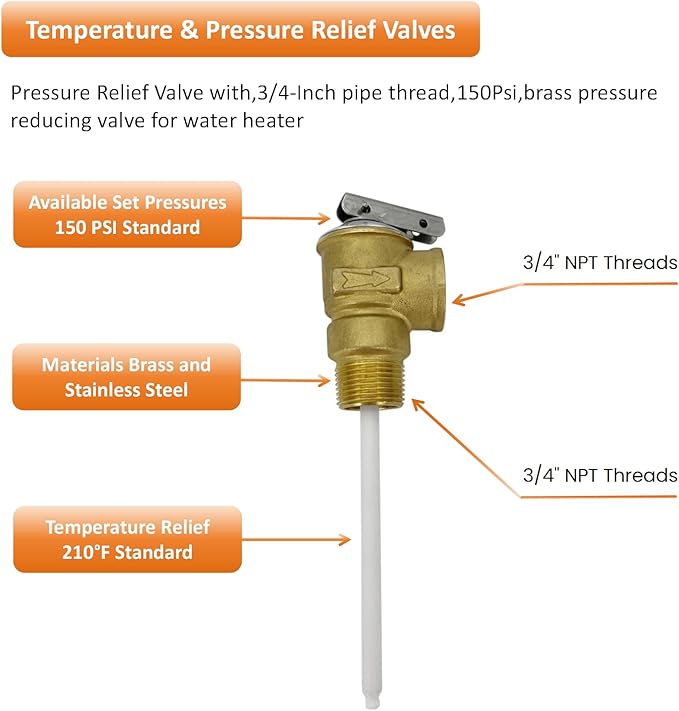Long Term Temperature and Pressure Relief Valve Automatic with Extension Probe and Lever,3/4"NPT Pressure Relief Valve,All brass body.