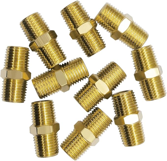 Hooshing 10PCS 1/4" NPT Nipple Brass Hex Nipple Pipe Fitting Male to Male Pipe Connector Adapter Coupling