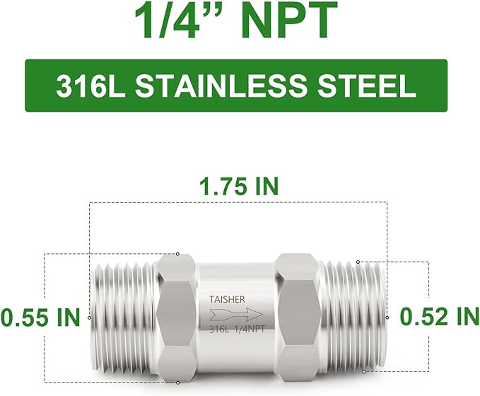 TAISHER 1PCS 316L Stainless Steel 1/4" NPT Male Check Valve,Backflow Prevention,One Way Non-Return Check Valves