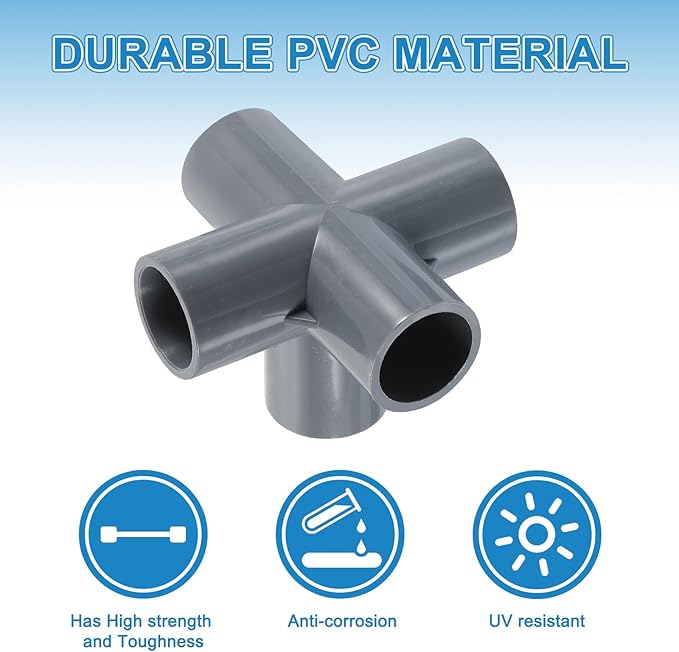 uxcell 1/2" PVC Fittings, 8 Pcs 5 Way Elbow Connector Elbow PVC Furniture Fittings Corner Fitting for Water Supplies PVC Furniture DIY Shelf Greenhouse Tent Connection, Grey