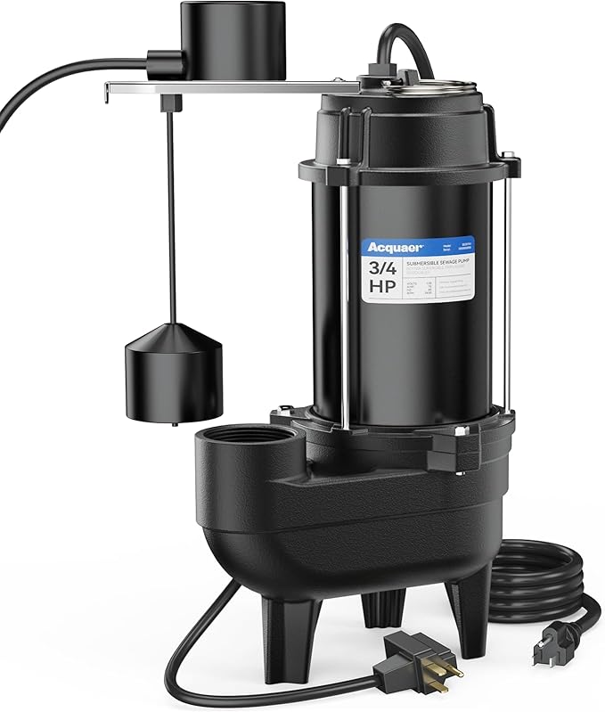 Acquaer 3/4HP Sewage Pump Submersible, 6400 GPH Cast Iron with Automatic Integrated Vertical Float Switch and Piggyback Plug, 2'' NPT Discharge Basements Pump for Wastewater, Sewer