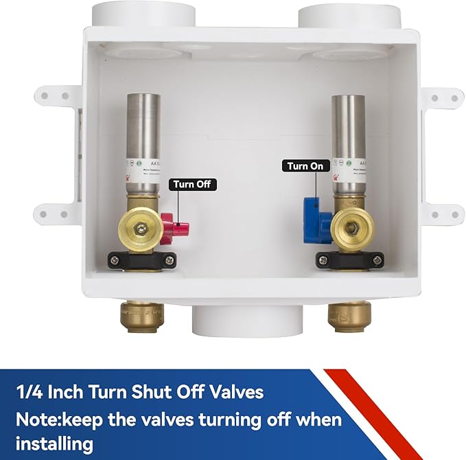 Washing Machine Outlet Box with Water Hammer Arrestor,1/2 Inch Push-fit Inlet Connection,3/4 Inch MHT Outlet Male Thread Connection, PEX Box with Center Drain, with 1/4-Turn Ball Valve