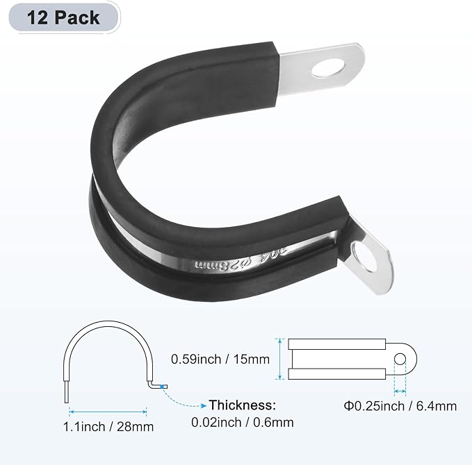 12-Pack Cable Clamps, 1-3/32 Inch/ 28 mm 304 Stainless Steel Rubber Cushioned Insulated Cable Clamp R Shape Metal Holder for Tube/Wire/Pipe/Loop Installation