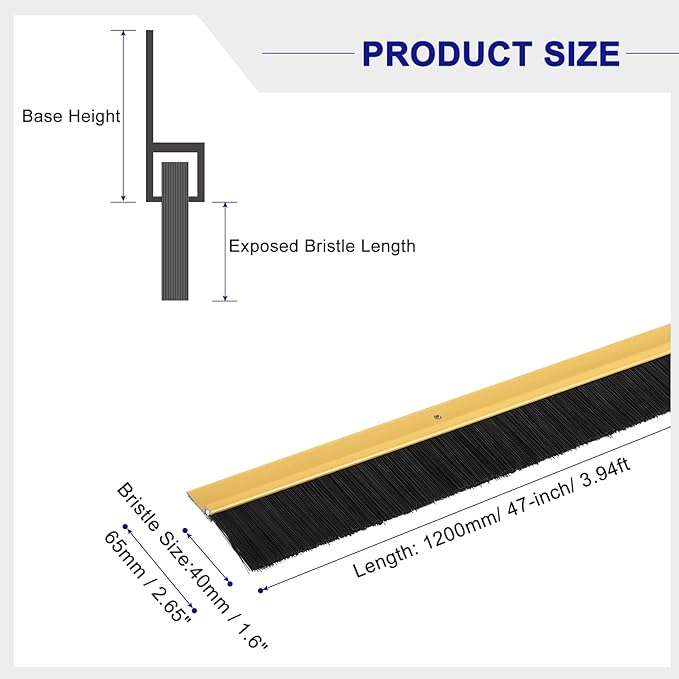 uxcell 2Pcs Door Brush Bottom Sweep H-Shape Aluminum Alloy Base with 1.6-inch PP Brush for Home, Industrial (47-inch L, Golden)