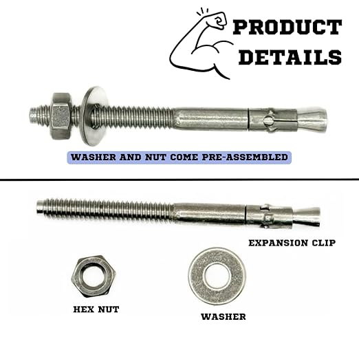 Wedge Anchors – Heavy-Duty 304 Stainless Steel Expansion Bolts for Concrete & Masonry, Rust-Resistant & Durable - 1/4" X 3" - 25 Pack