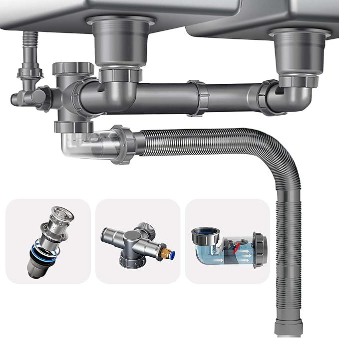 Double Sink Drain Kit Space Saving Kitchen Sink Drain Kit Expandable Flexible 1 1/2" P-Trap Pipe 3-1/2 Inch Sink Drain Assembly Kit with 4-Way Fitting Adapter for Dishwasher