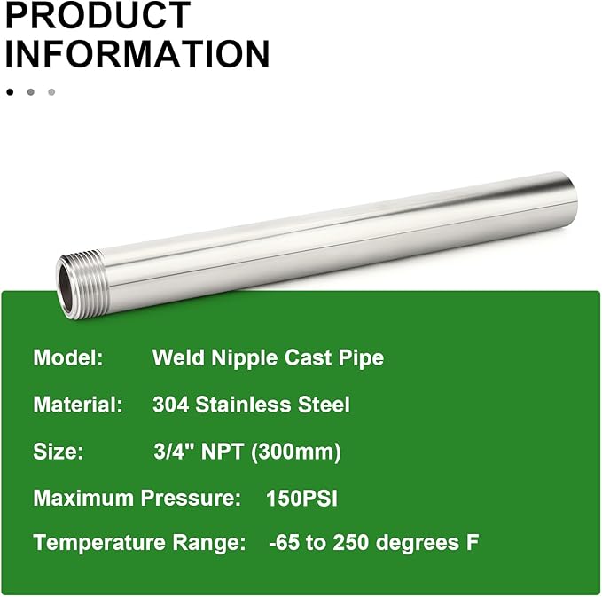 TAISHER 1PCS 304 Stainless Steel Pipe Fittings, 3/4" NPT Male Threaded, 12" Length Weld Nipple Cast Pipe