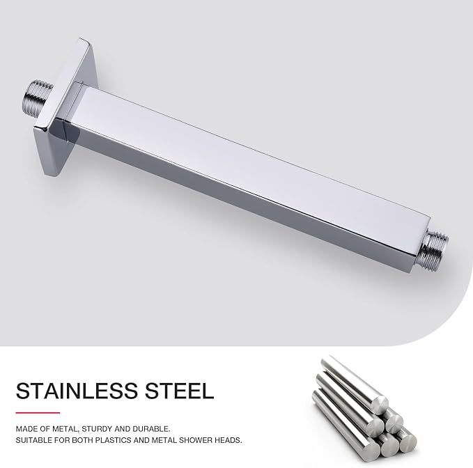 TRUSTMI Square Shower Arm with Flange 8 Inch Top Ceiling Mounted Rainfall Shower Head Extension Heavy Duty Stainless Steel, Polished Chrome