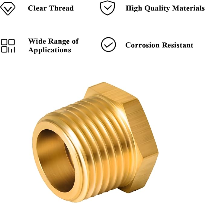6 PCS Brass Reducer Hex Bushing Threaded Pipe Fitting 1/4" NPT Male x 1/8" NPT Heavy Duty Brass Fitting Pipe Hose Tube Adapter Convert