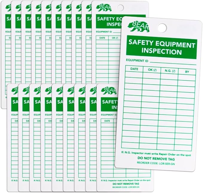 BearLOTO Safety Equipment Inspection Notice - Hazard & Accident Prevention Tag - Multiple Application - Machinery Fire Extinguisher Scaffold Ladder Equipment Factory - GreenWhite - Pack of 20