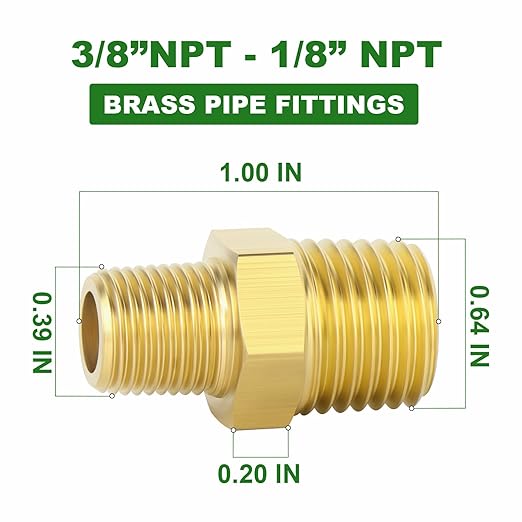 TAISHER 2PCS Brass Pipe Fitting, Reducer Adapter, Hex Nipple, 3/8-Inch Male Pipe x 1/8-Inch Male Pipe