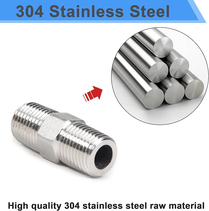 2Pcs 1/4" Male Hex Nipple Pipe Fittings, 304 Stainless Steel Threaded Adapter Fittings, 1/4-inch Male Equal Nipples Connectors, Male Straight Threaded Pipe Fitting
