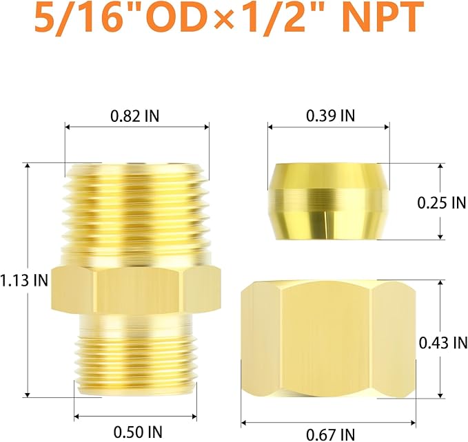 GASHER 5PCS Brass Compression Tube Pipe Fitting Connector, Straight Coupling Adapter 5/16" Tube OD x 1/2" NPT Male Connector