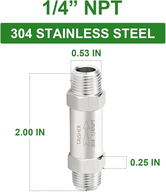 TAISHER 1PCS 304 Stainless Steel 1/4" NPT Male Check Valve,Backflow Prevention,One Way Non-Return Check Valves