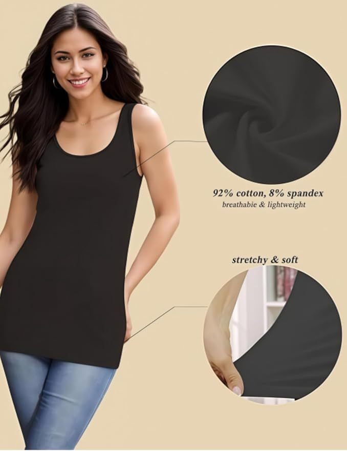 H HIAMIGOS Womens 3 Packs Long Tank Tops Stretchy Cotton Sleeveless Camisole Undershirts Layering Workout Yoga Camis